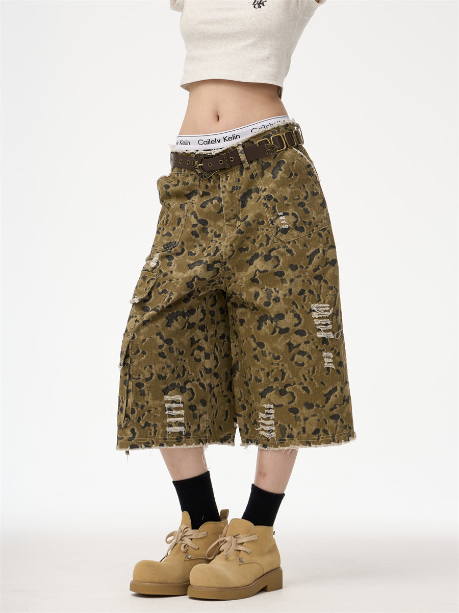 Retro Street Leopard Camouflage Workwear Denim Cropped Pants