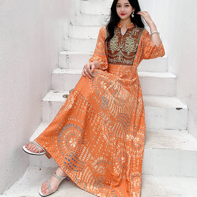 Long Skirt, Ethnic Style Dress, Women's Summer Cotton Silk Floral Print