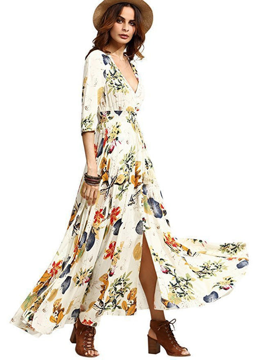 Ethnic Pattern Holiday Style V-neck Loose Long Dress