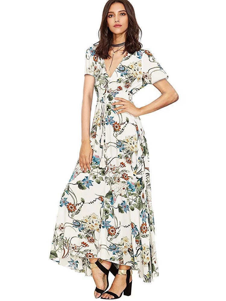Ethnic Pattern Holiday Style V-neck Loose Long Dress