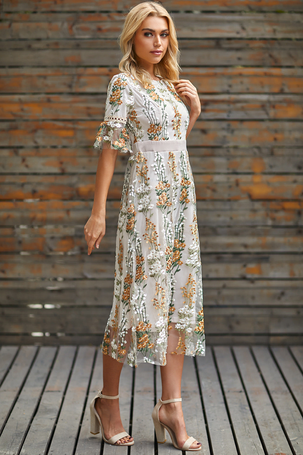 Embroidered Wisteria Flower Mesh High Waist Slim Mid-length Dress - BabynBeauty