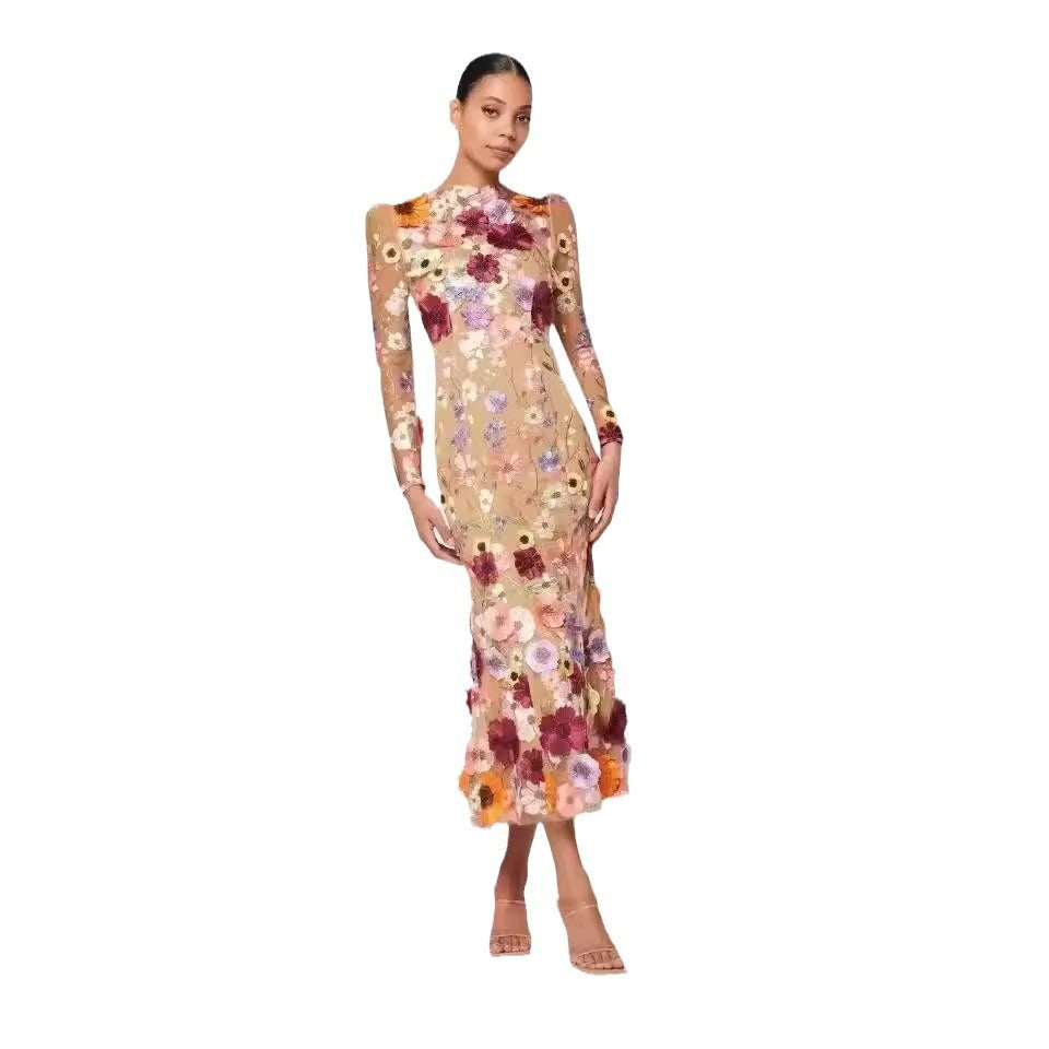 Colorful Three-dimensional Flower Embroidery Mesh Slim Fit Sheath Fishtail Dress - BabynBeauty