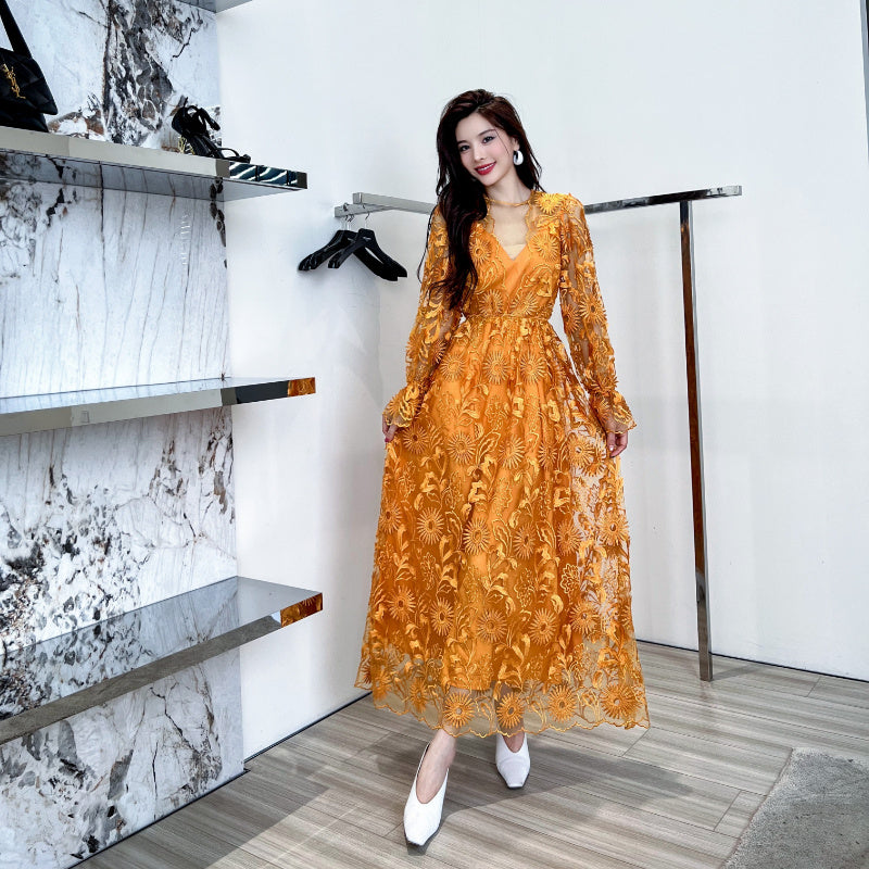 Gently Breezy Mesh Lace Embroidered Maxi Dress - BabynBeauty