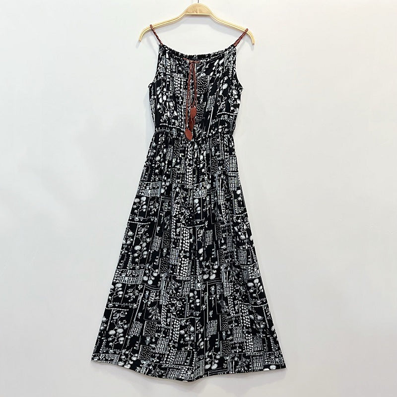 Ethnic Style Dress Women's Cotton Silk Belt Beach Dress With Suspenders