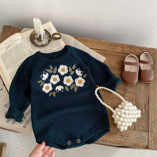 Baby Girl's Dark Green Embroidered Long Sleeve Baby Bodysuit Triangle Rompers