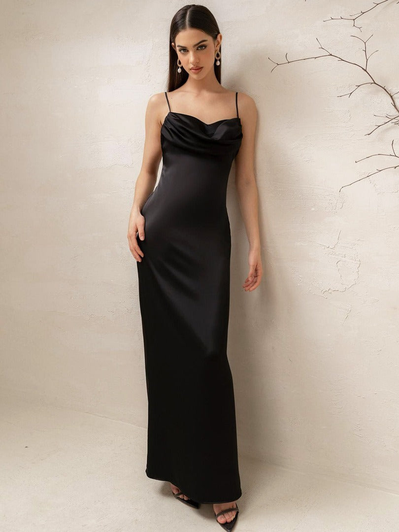 Solid Color Satin Sexy Backless Spaghetti Straps Dress - BabynBeauty