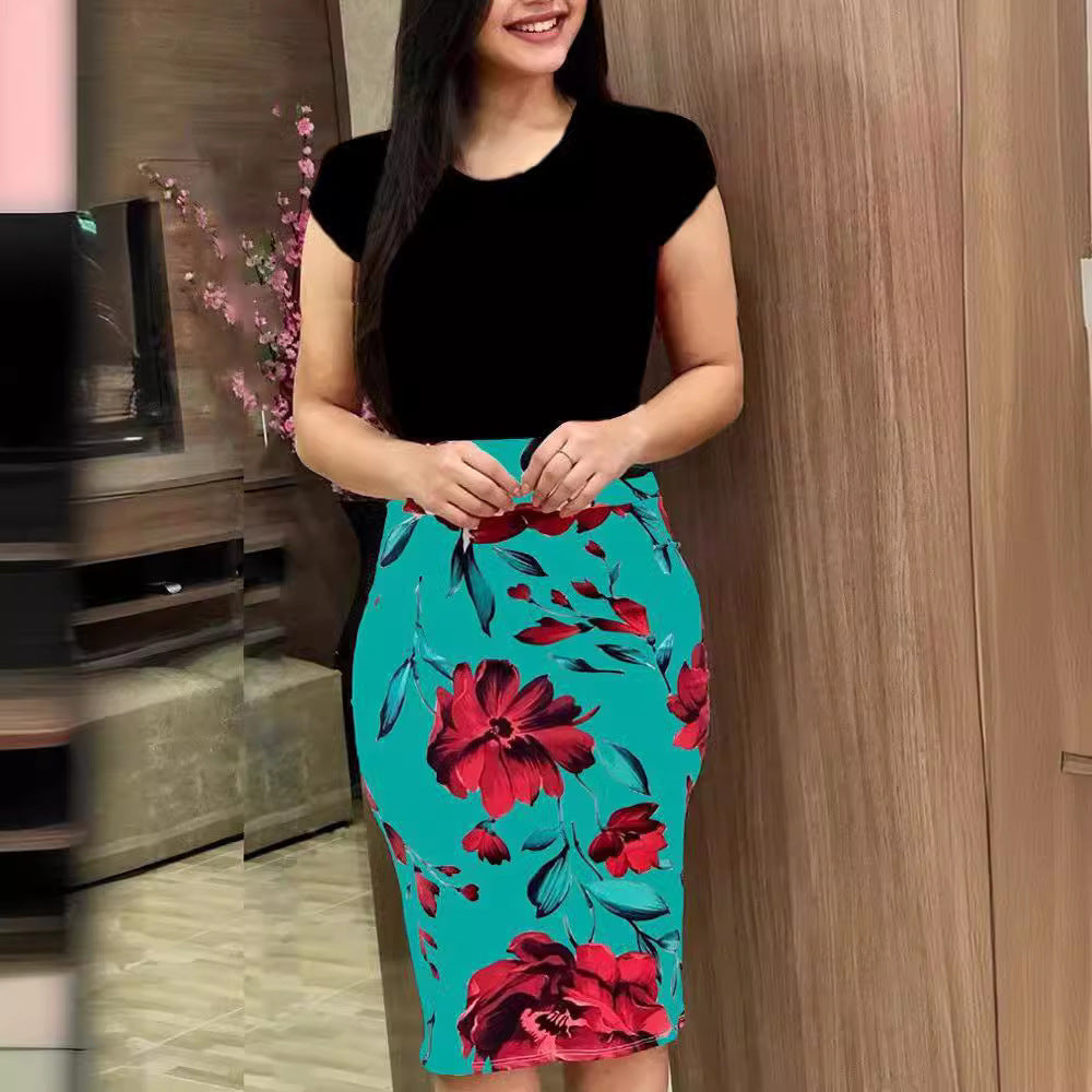 Women's Round Neck Multicolor Flower Sheath Dress - BabynBeauty