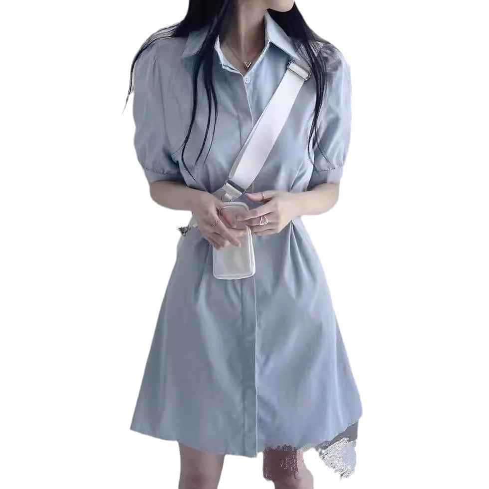 Blue Polo Collar Shirt Dress Women