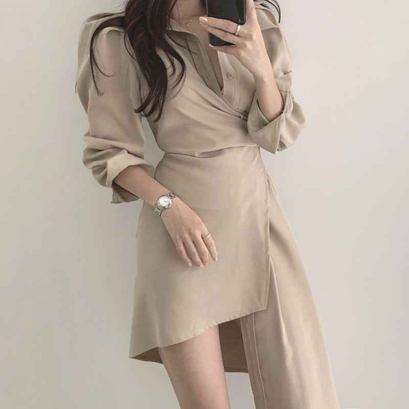 Temperament Lapel Waist Irregular Shirt Dress Women