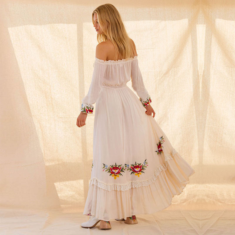 One-shoulder embroidered flower lace dress - BabynBeauty