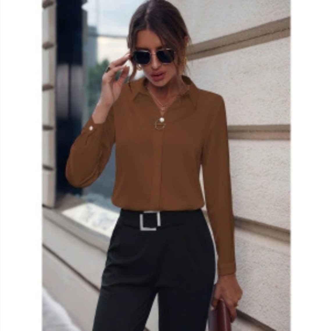 Commuter V-neck Long-sleeved Shirts Ins Fashion Solid Color Pullover Top Autumn And Spring Women's Clothing