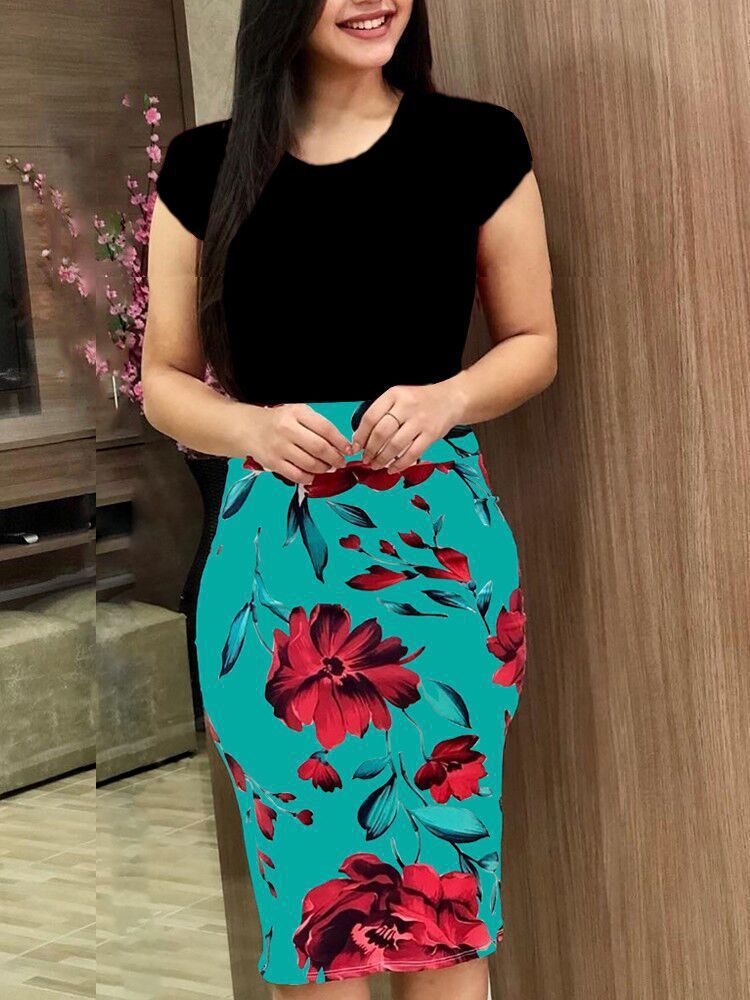 Women's Round Neck Multicolor Flower Sheath Dress - BabynBeauty