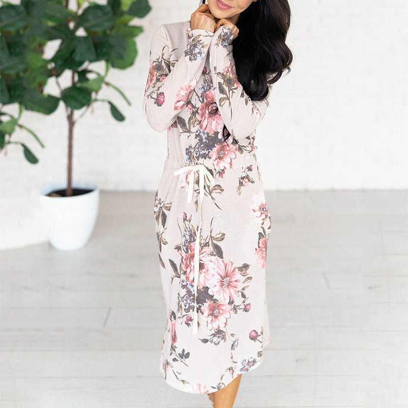 Women Printed Long Sleeve Round Neck Waist Pocket Dress