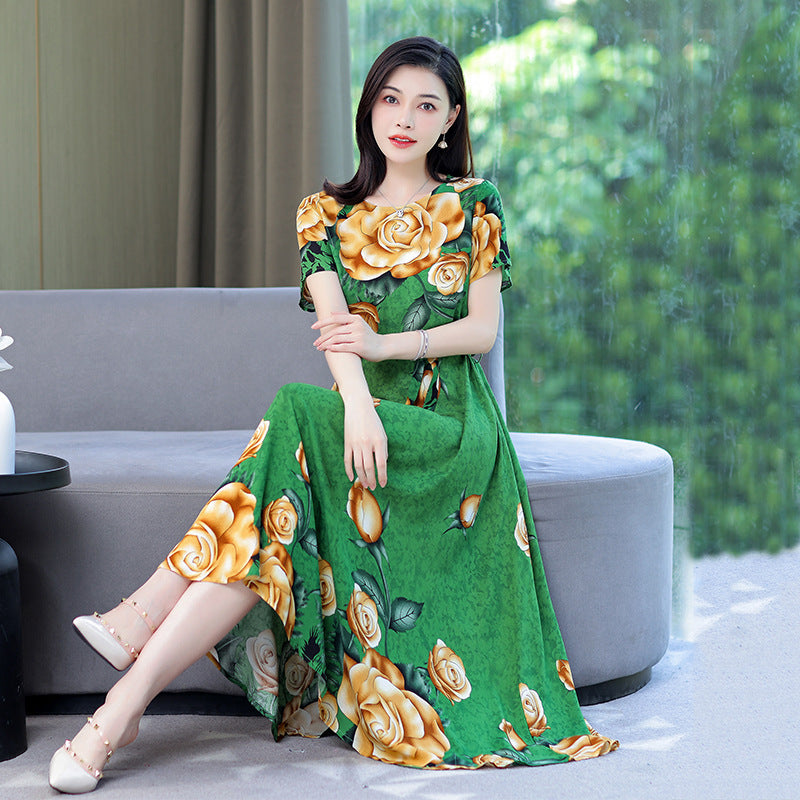 Women's Noil Poplin Dress Ethnic Style Summer Artificial Cotton Slim Fit Large Swing Skirt Short Sleeve