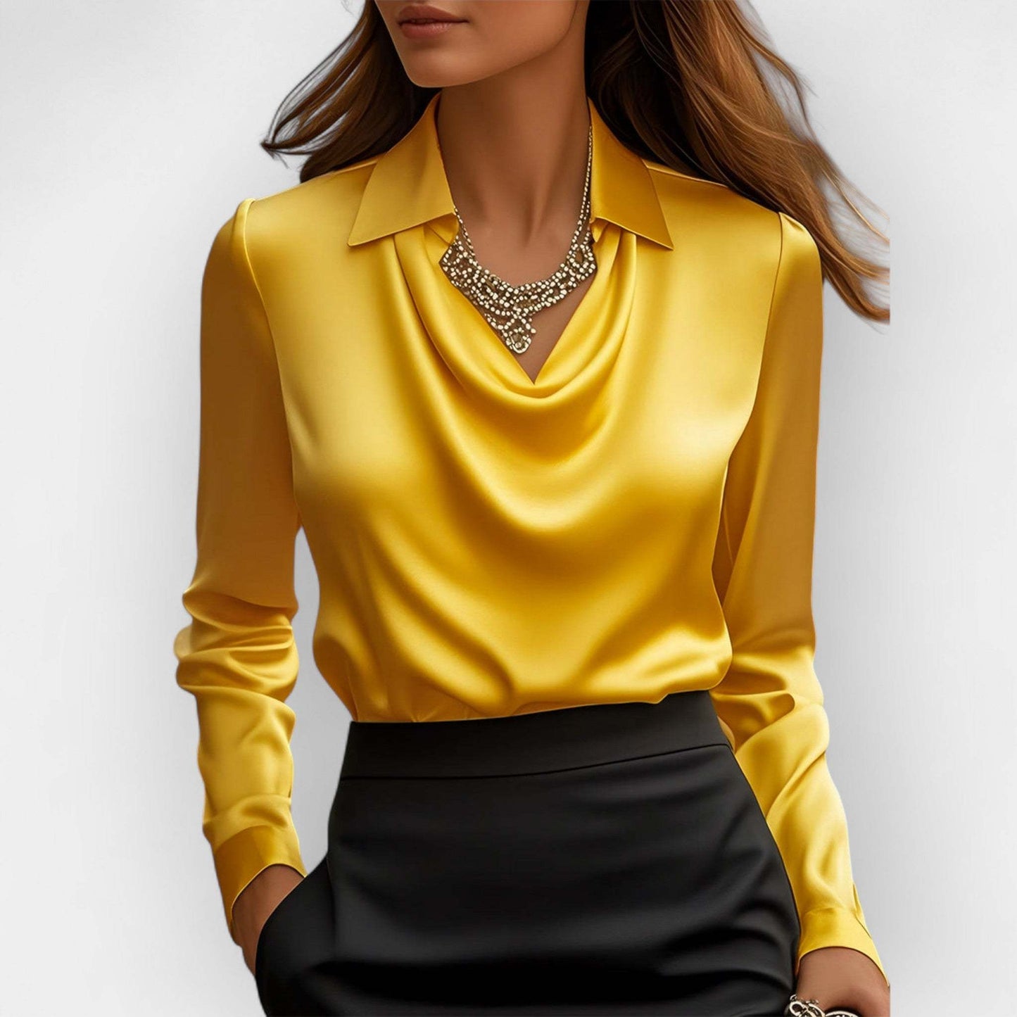 Women's Swing Collar Draped Shirts & Blouses Elegant Solid Satin Office Ladies Top Pullover Spring Long Sleeve Casual Tops - BabynBeauty