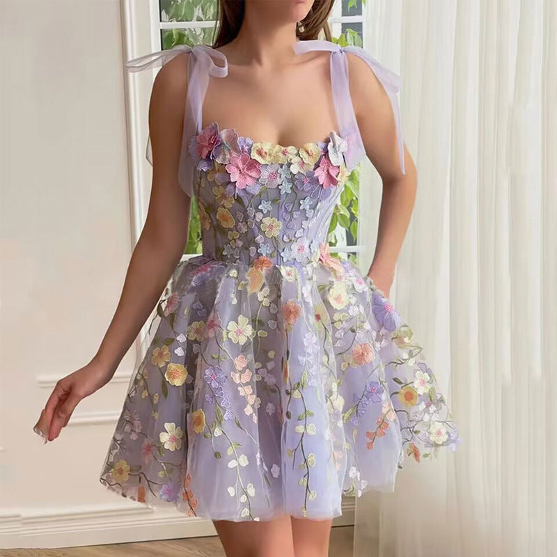 Three-dimensional Flower Embroidered Sheath Sexy Sling Dress - BabynBeauty
