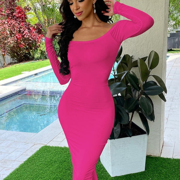 New Backless Long Sleeves Solid Color Dress - BabynBeauty