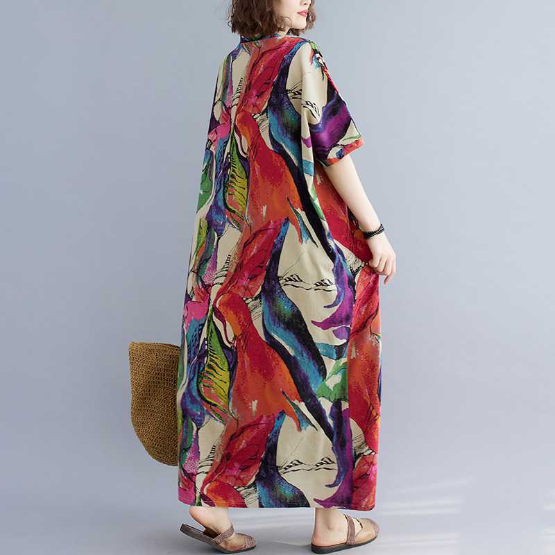 Cotton And Linen Printed Loose Plus Size Simple Vacation Style Long Dress For Women