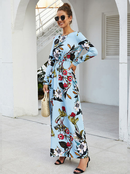 Printed Round Neck Long Sleeve Pocket Waist Dress