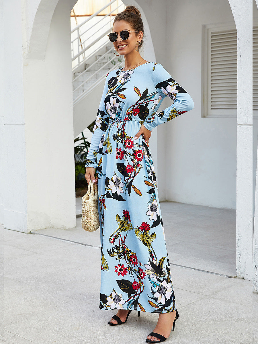 Printed Round Neck Long Sleeve Pocket Waist Dress