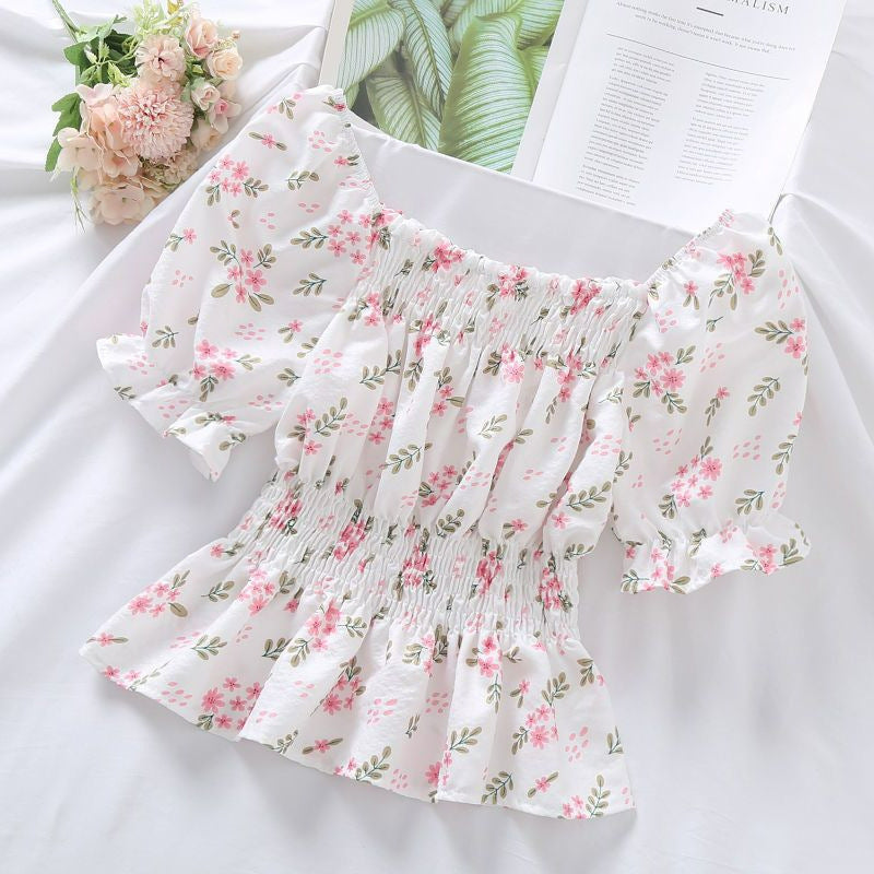 Korean Style Sweet Waist-tight Puff Sleeve Off-shoulder Square Short Sleeve