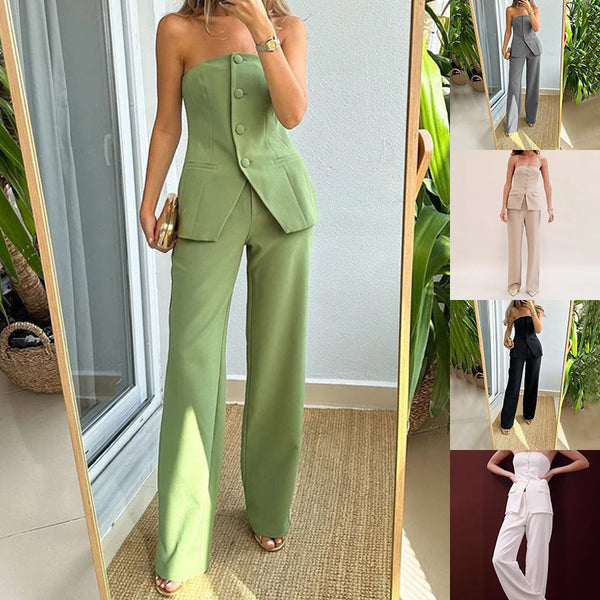 Graceful Tube Top Suit Fashion Button Sleeveless Top And Straight Pants Women's Trousers Set - BabynBeauty