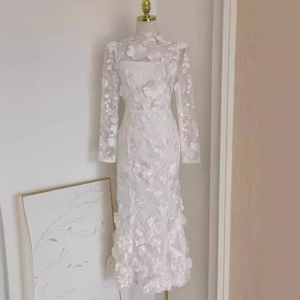 Colorful Three-dimensional Flower Embroidery Mesh Slim Fit Sheath Fishtail Dress - BabynBeauty