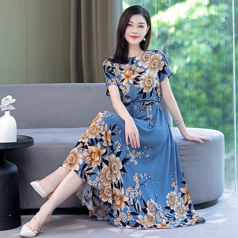 Women's Noil Poplin Dress Ethnic Style Summer Artificial Cotton Slim Fit Large Swing Skirt Short Sleeve