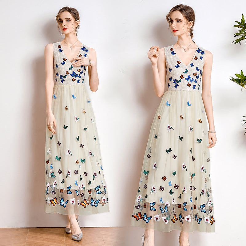 Lace Mesh Embroidered V-Neck Waist Dress For Women - BabynBeauty