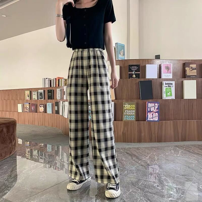 Plaid Wide Leg Pants Women Casual Pants - BabynBeauty