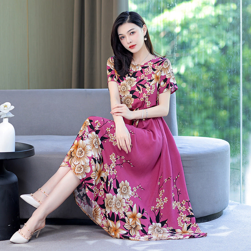 Women's Noil Poplin Dress Ethnic Style Summer Artificial Cotton Slim Fit Large Swing Skirt Short Sleeve