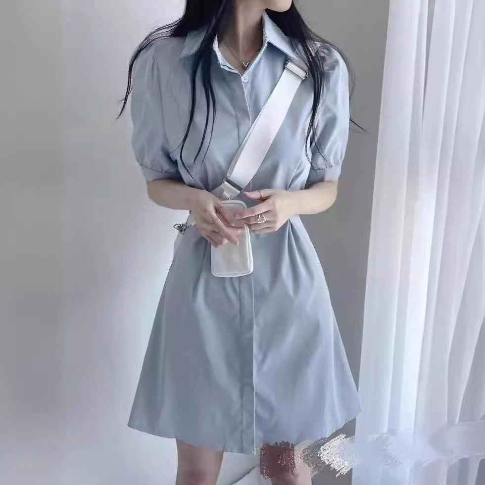 Blue Polo Collar Shirt Dress Women