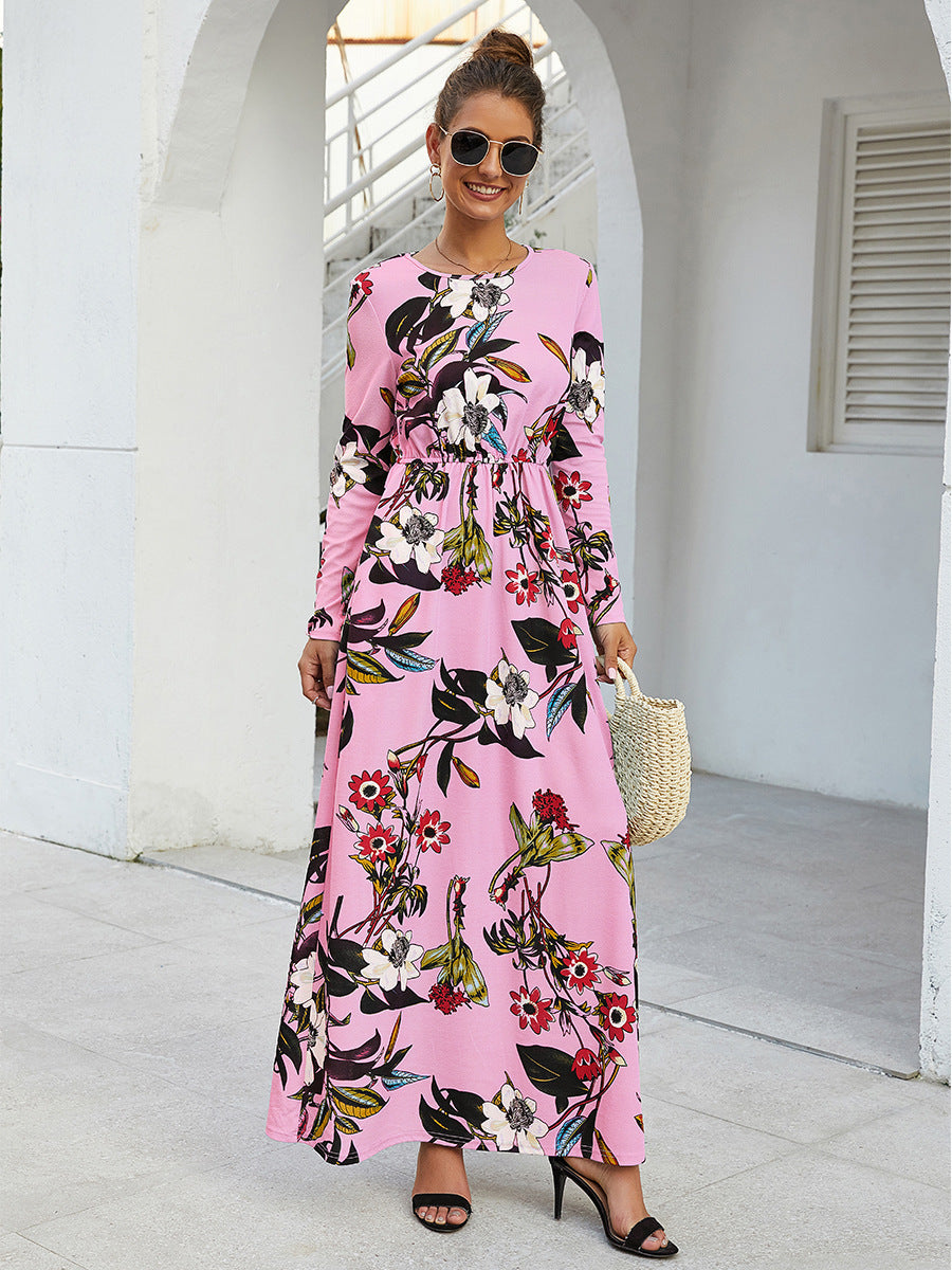 Printed Round Neck Long Sleeve Pocket Waist Dress