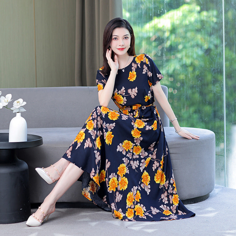 Women's Noil Poplin Dress Ethnic Style Summer Artificial Cotton Slim Fit Large Swing Skirt Short Sleeve