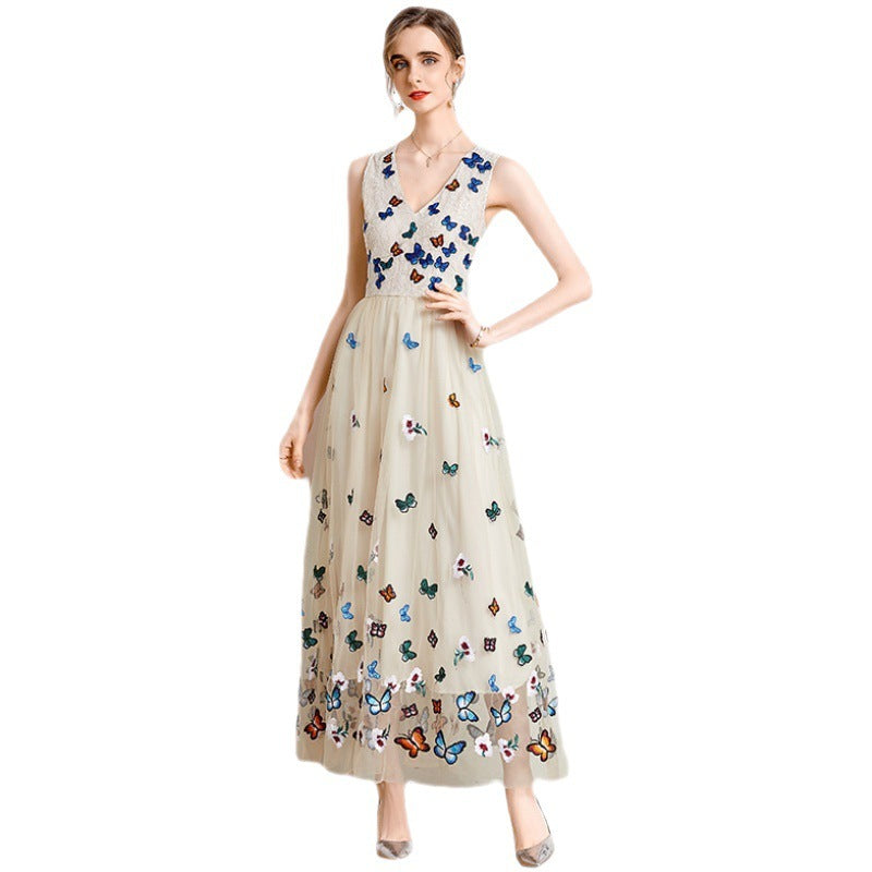 Lace Mesh Embroidered V-Neck Waist Dress For Women - BabynBeauty