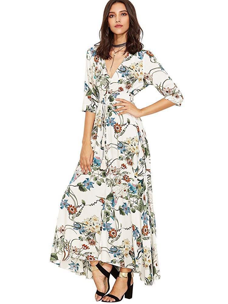 Ethnic Pattern Holiday Style V-neck Loose Long Dress