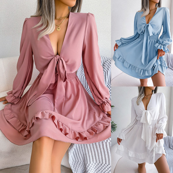 Summer Dresses Solid Color V-neck Long Sleeve Dress For Women Sexy V-neck Lace Up A-line Dress Women's Beach Dress - BabynBeauty