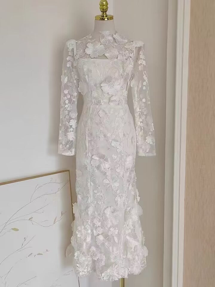 Colorful Three-dimensional Flower Embroidery Mesh Slim Fit Sheath Fishtail Dress - BabynBeauty