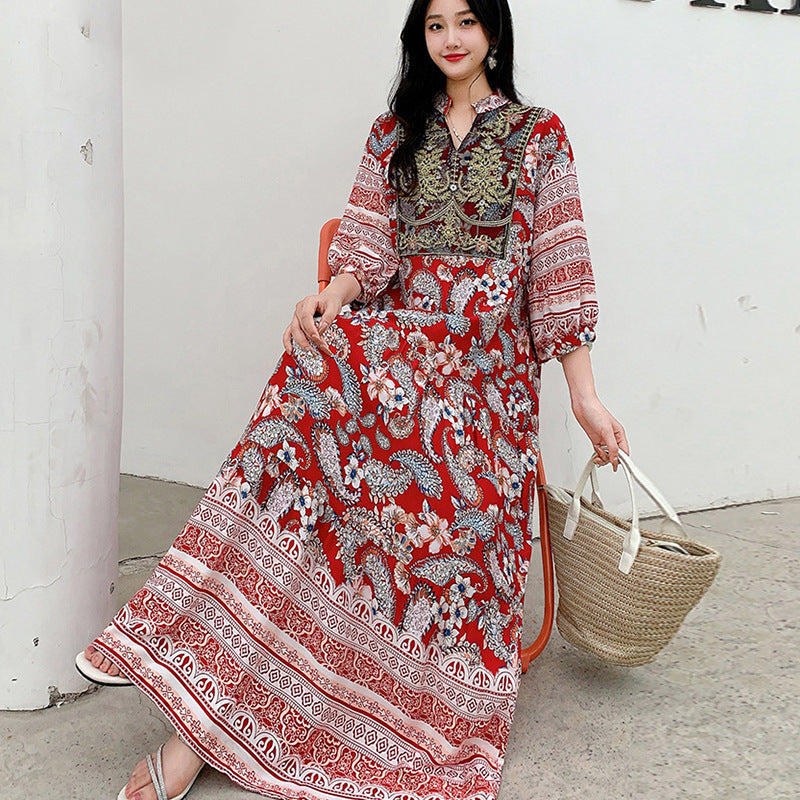 Long Skirt, Ethnic Style Dress, Women's Summer Cotton Silk Floral Print