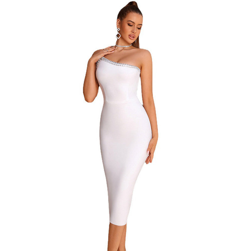 Lady Sexy Diagonal Collar Temperament Bandage One-piece Dress