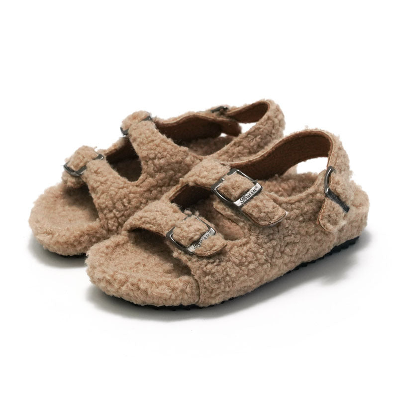 Fleece-lined Children Cork Sandals Woolen Slipper