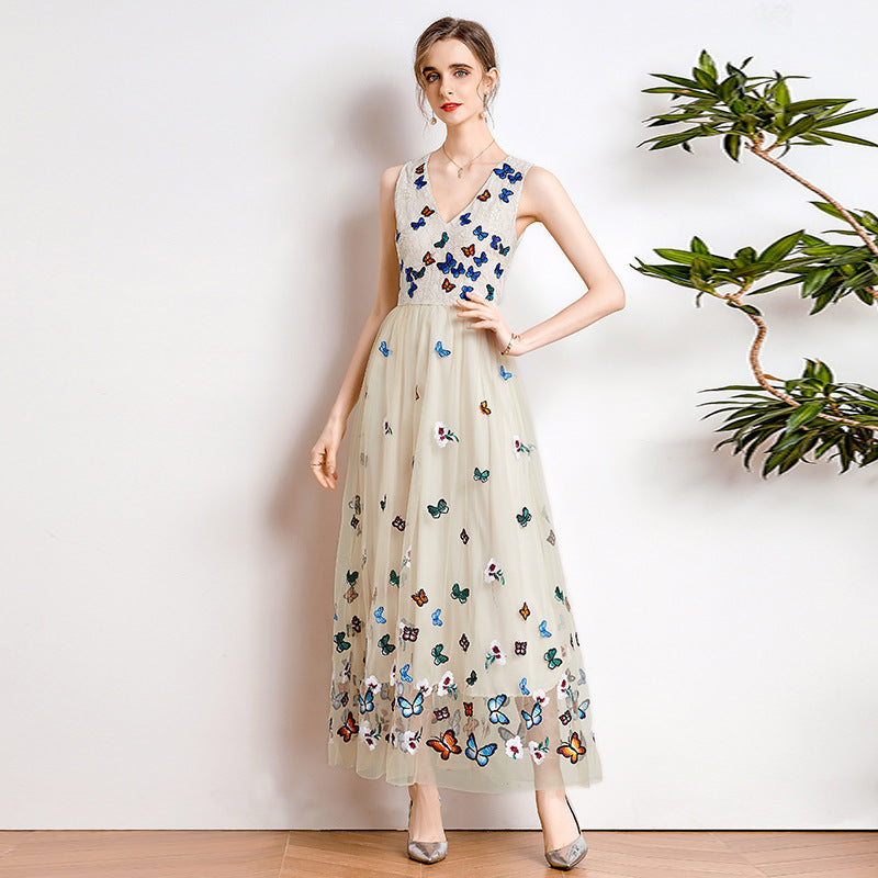 Lace Mesh Embroidered V-Neck Waist Dress For Women - BabynBeauty