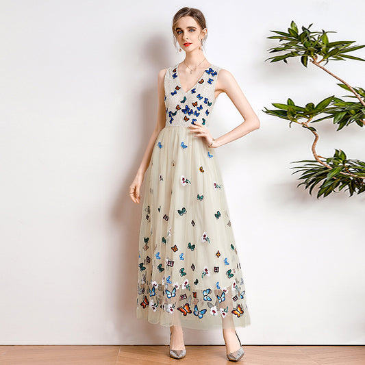 Lace Mesh Embroidered V-Neck Waist Dress For Women - BabynBeauty