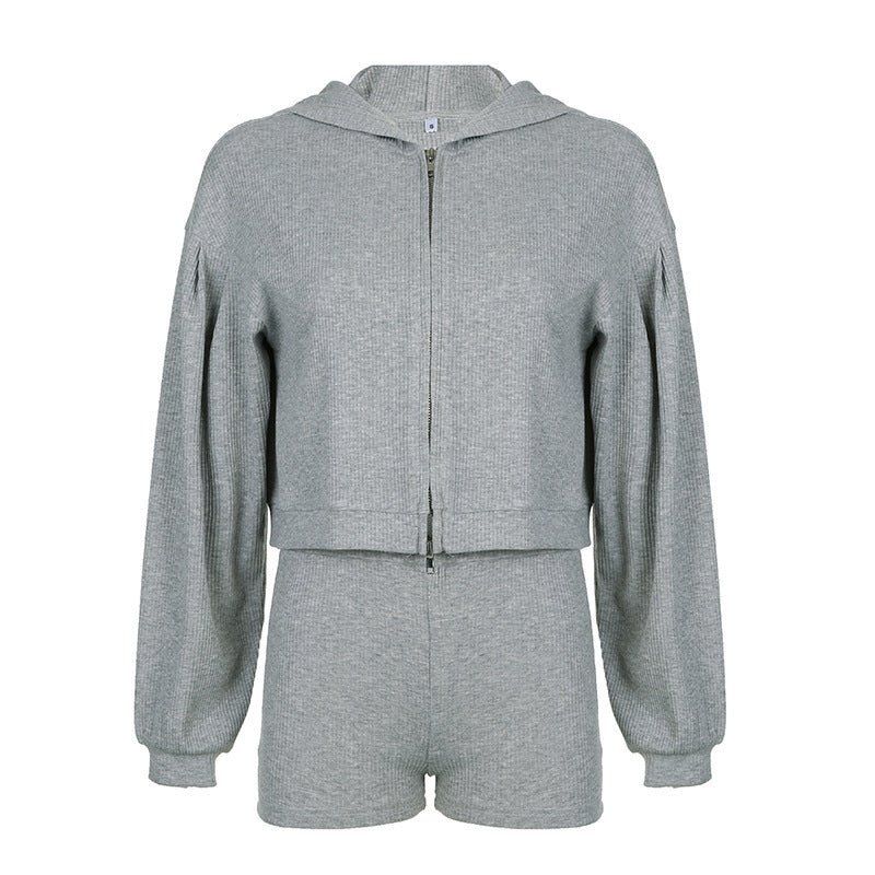 Knitted Zipper Sweater V-neck Triangle Cup Bra Shorts Casual Three-piece Suit