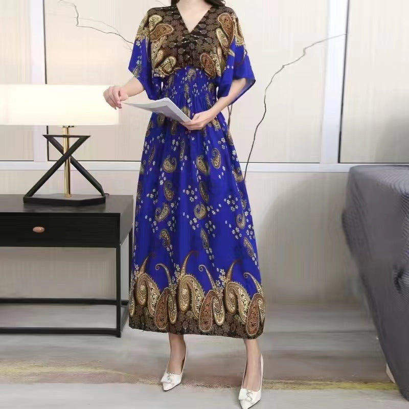Cotton Silk Floral Dress Women's Summer Ethnic Style V-neck Short Sleeve Pastoral Style Skirt
