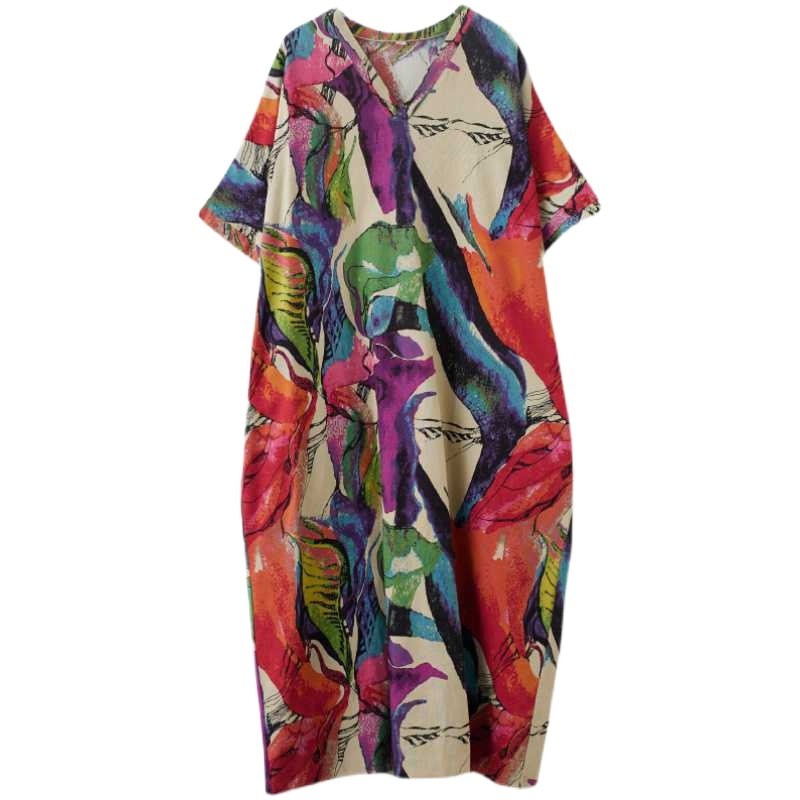 Cotton And Linen Printed Loose Plus Size Simple Vacation Style Long Dress For Women