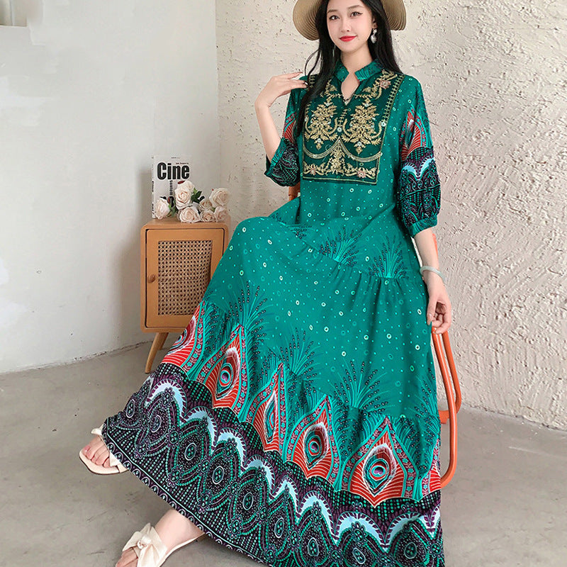 Long Skirt, Ethnic Style Dress, Women's Summer Cotton Silk Floral Print