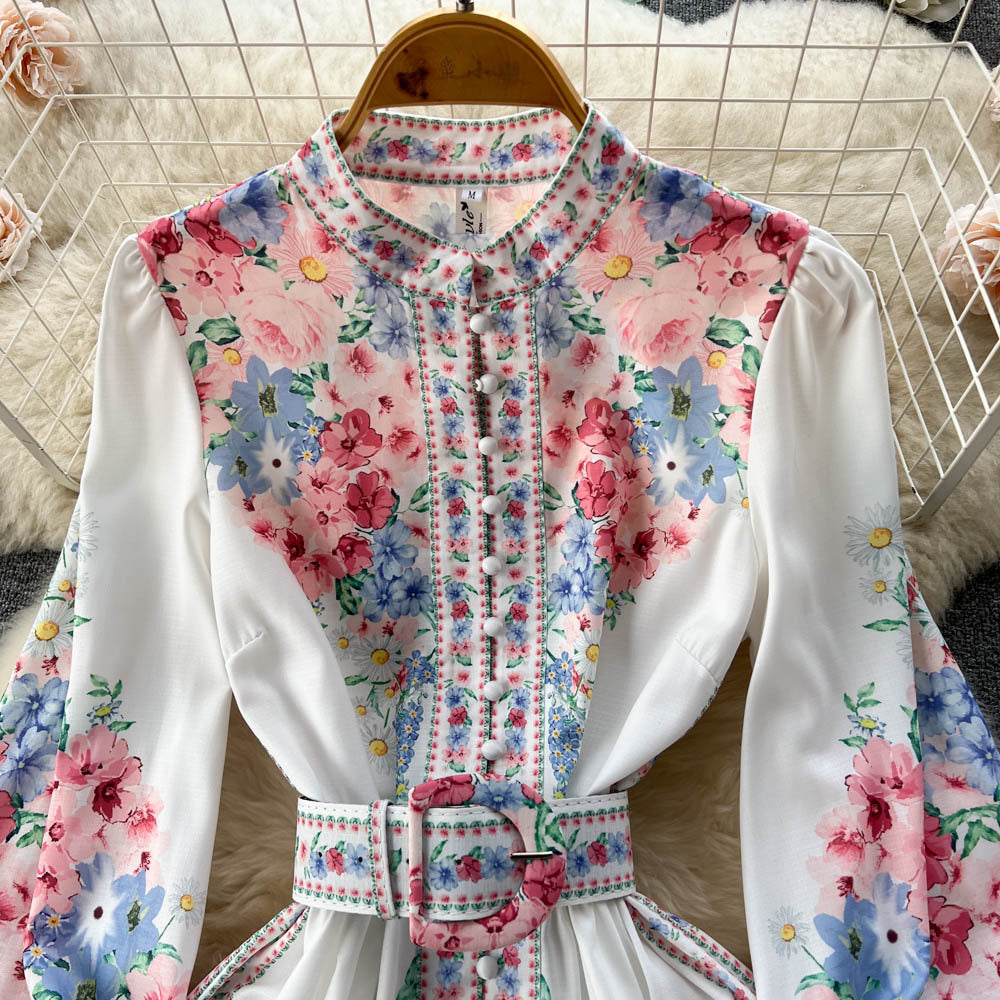Retro Ethnic Style Stand Collar Single-breasted Lantern Sleeve Dress
