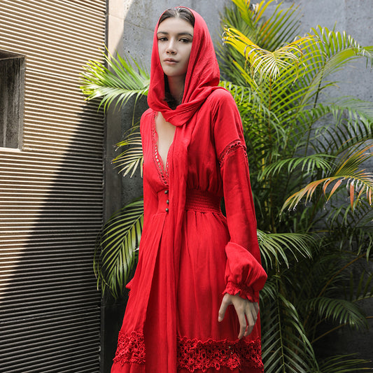 Cotton And Linen Ethnic Style Retro Red Dress
