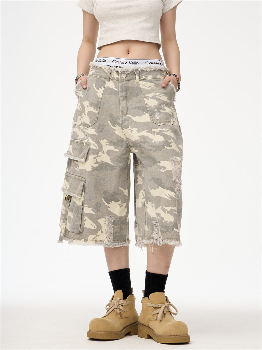 Retro Street Leopard Camouflage Workwear Denim Cropped Pants